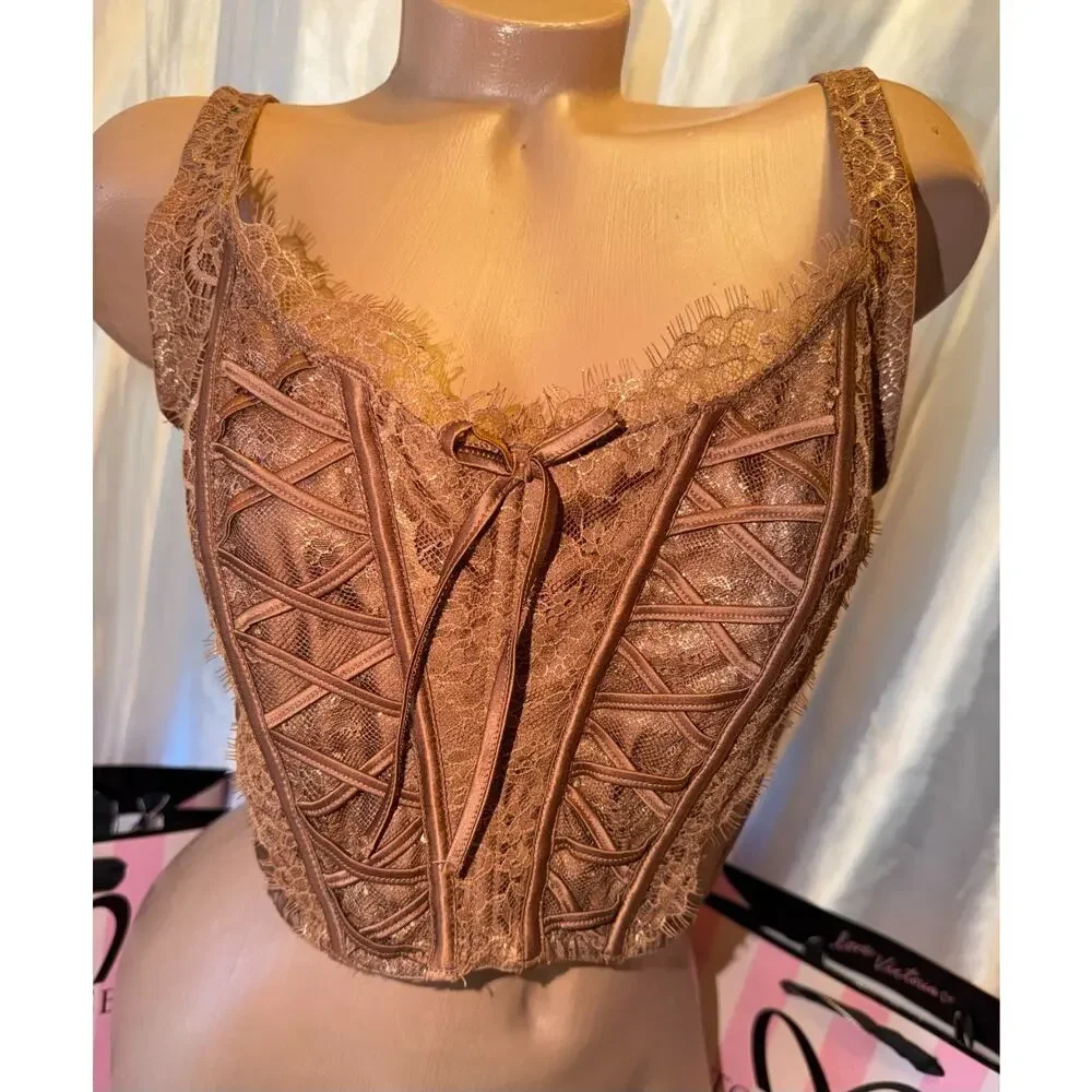 Victorias Secret Corset Bra Top Clubbing Brown Shimmer Eyelash Lace XL - Picture 2 of 5